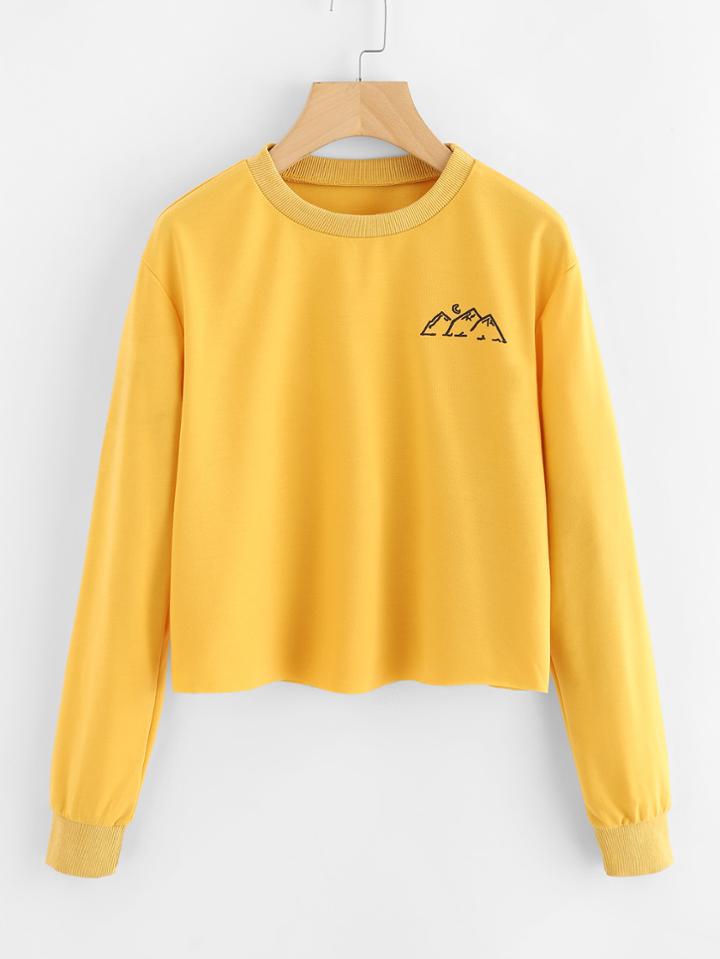 Romwe Mountain Print Raw Hem Sweatshirt