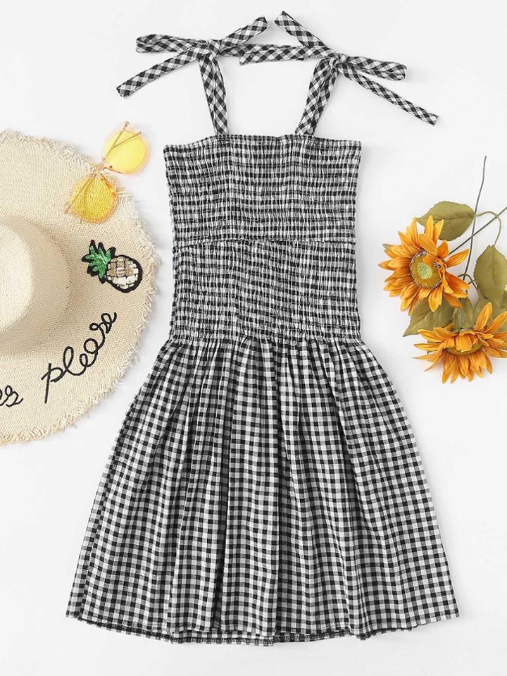 Romwe Checked Knot Shoulder Pleated Cami Dress