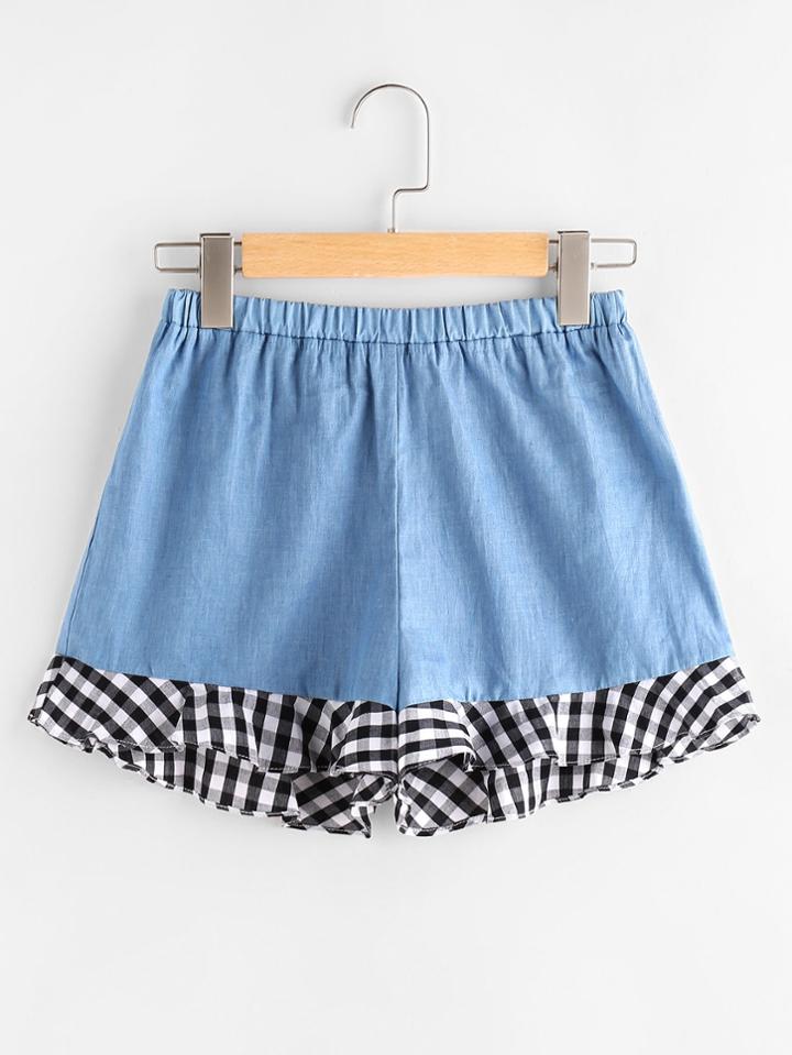 Romwe Contrast Checked Frill Hem Chambray Shorts