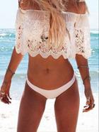 Romwe Off-the-shoulder Crop Lace Top - White