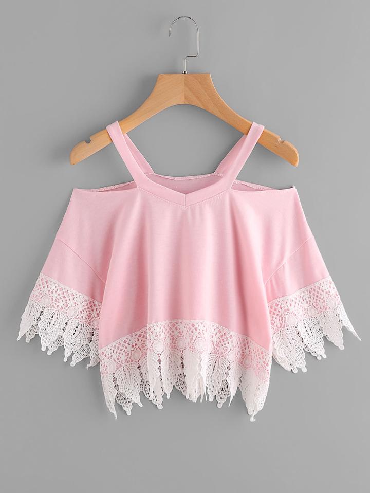 Romwe Open Shoulder Lace Hem Tee