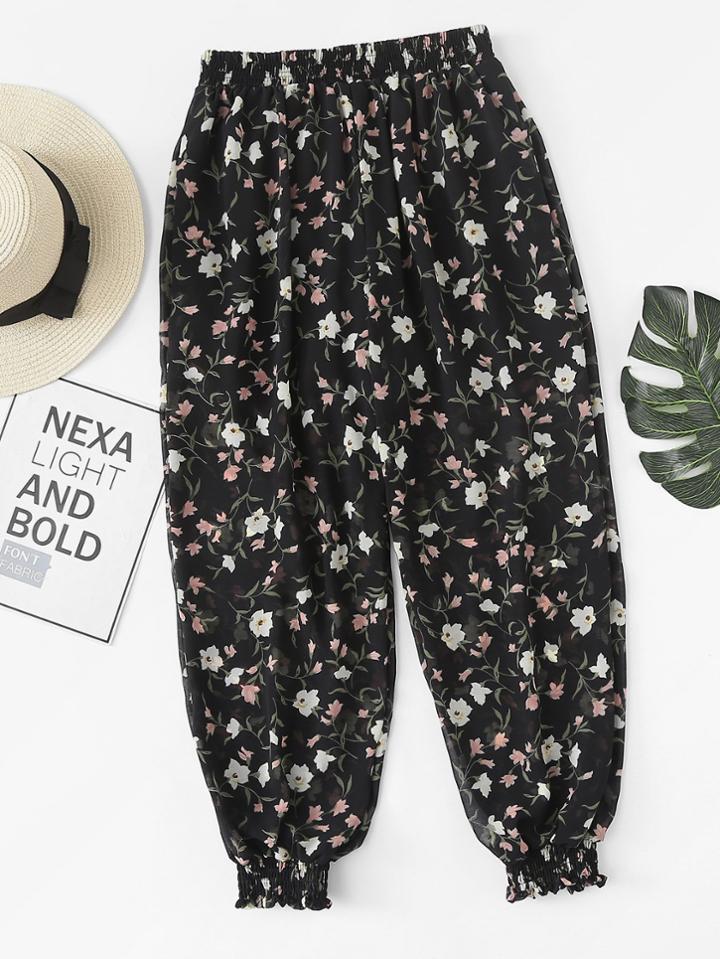 Romwe Calico Print Elastic Waist Pants
