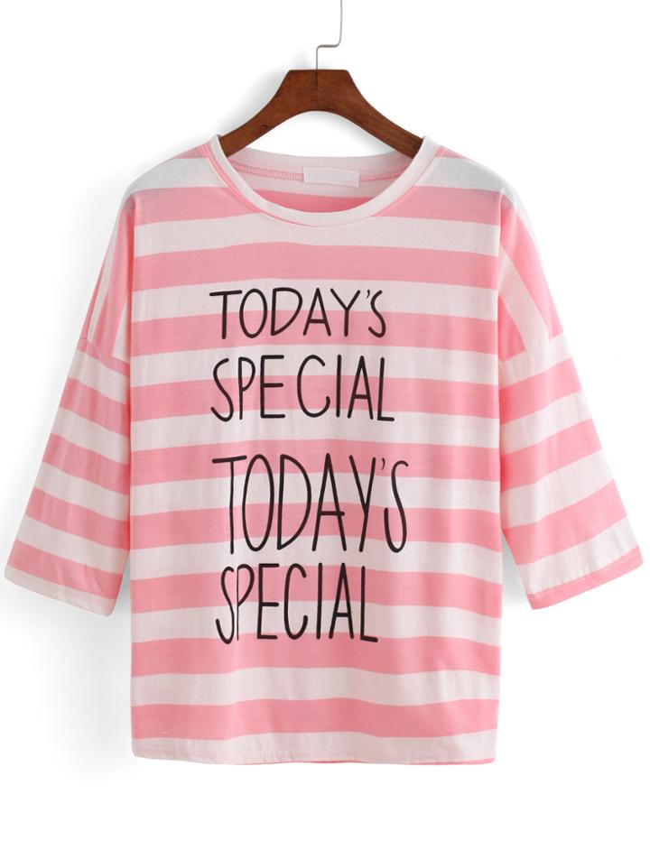 Romwe Letter Print Striped Loose T-shirt