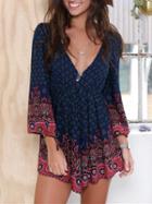 Romwe Navy Long Sleeve V Neck Vintage Print Playsuit