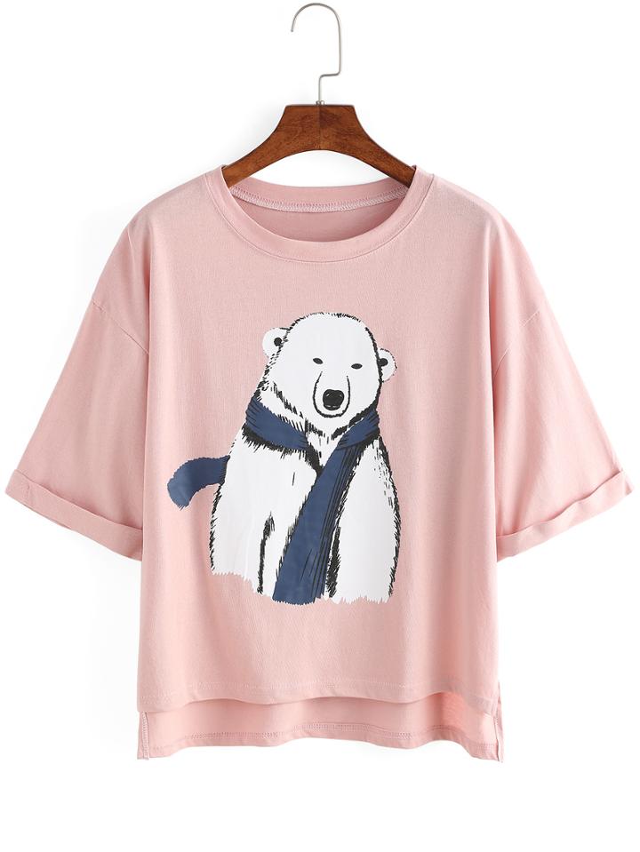 Romwe Dip Hem Cuffed Bear Print T-shirt