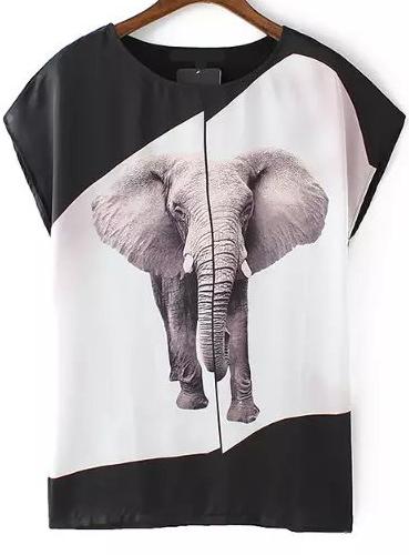 Romwe Elephant Print Color-block T-shirt
