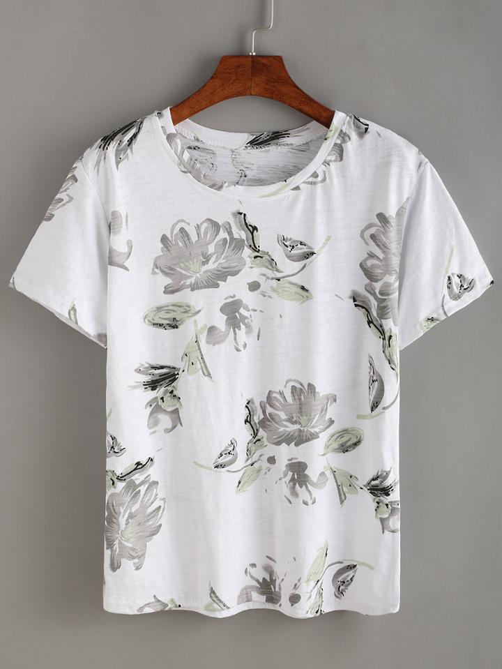 Romwe Flower Ink Painting T-shirt