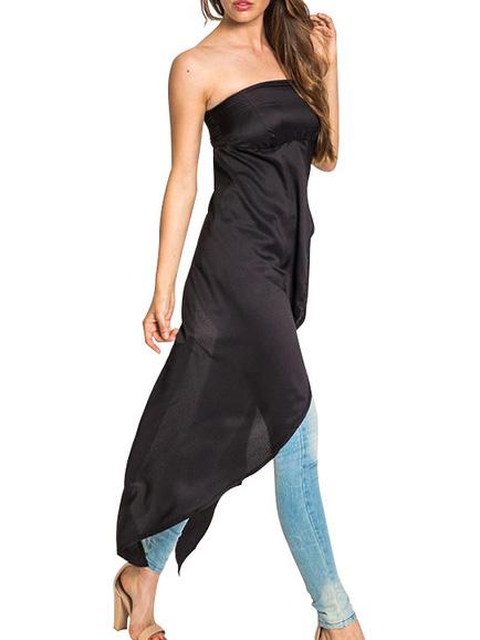 Romwe Black Strapless Split Chiffon Beach Dress
