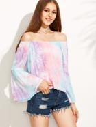 Romwe Tie Dye Bell Sleeve Off The Shoulder Top