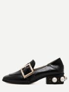 Romwe Black Pu Metal Buckle Pearl Embellished Shoes