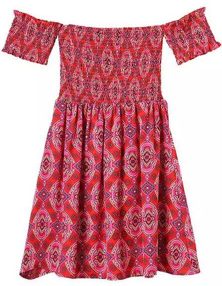 Romwe Off The Shoulder Vintage Print Pleated Red Dress