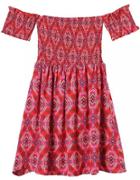 Romwe Off The Shoulder Vintage Print Pleated Red Dress