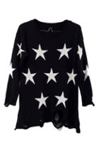 Romwe Distressed Star Knitted Black Jumper