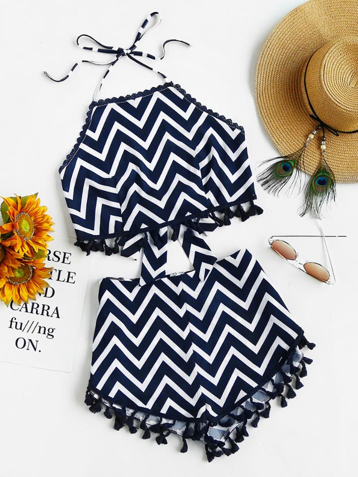 Romwe Tassel Trim Tie Back Chevron Halter Top And Shorts Set