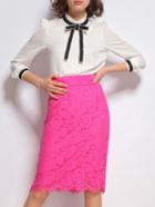 Romwe Hot Pink Bowtie Top With Lace Skirt