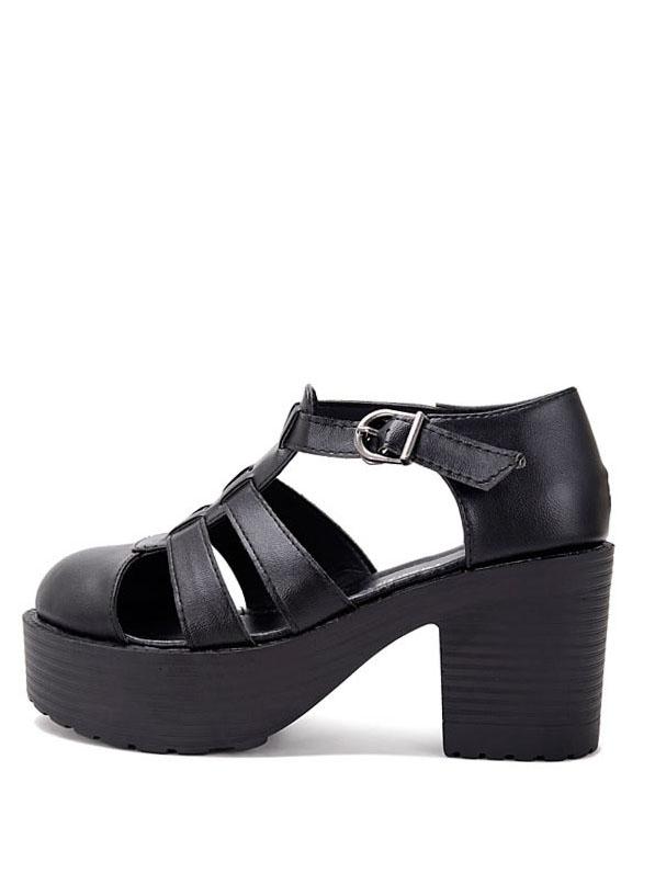 Romwe Black Round Toe Hollow Chunky Sandals