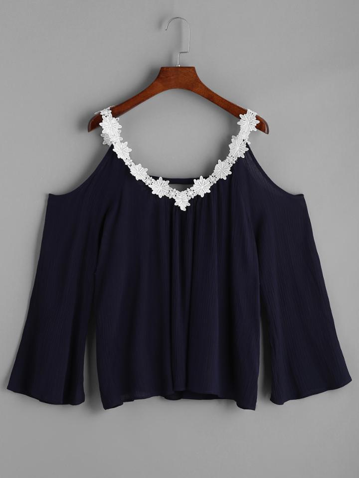 Romwe Cold Shoulder Lace Trim Top