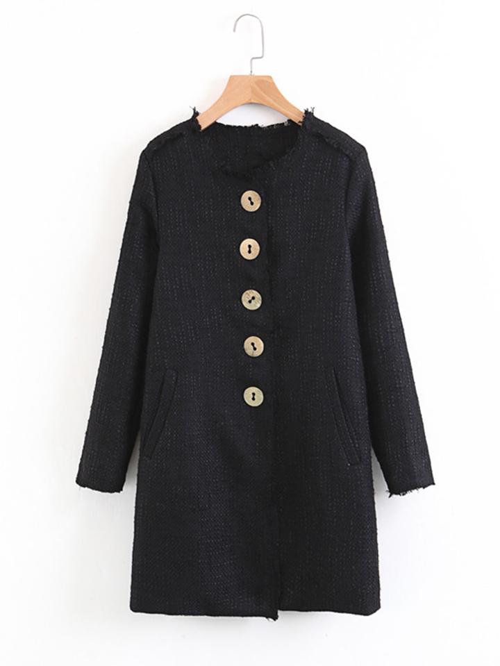 Romwe Frayed Edge Longline Tweed Coat