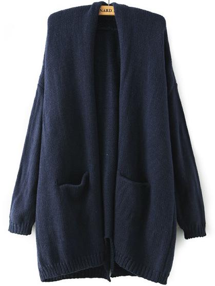 Romwe With Pockets Split-back Navy Cardigan