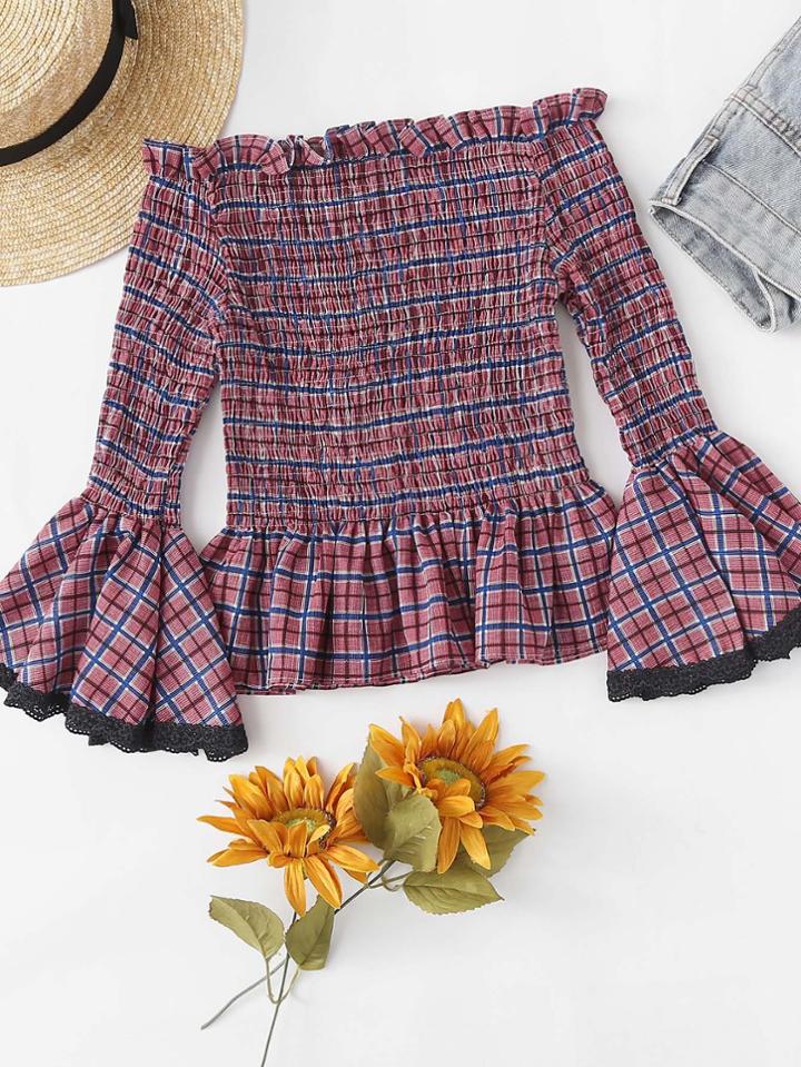 Romwe Ruffle Hem Fluted Sleeve Checked Top