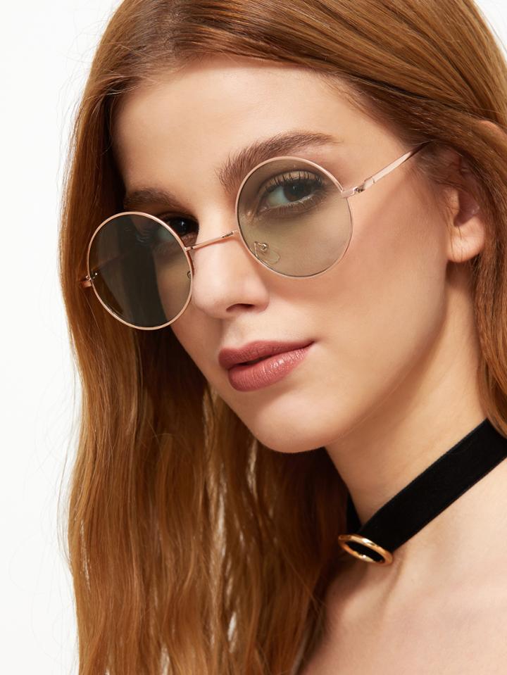 Romwe Gold Frame Green Lens Round Sunglass