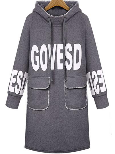 Romwe Grey Letter Print Pocket Drawstring Hooded Sweatshirt