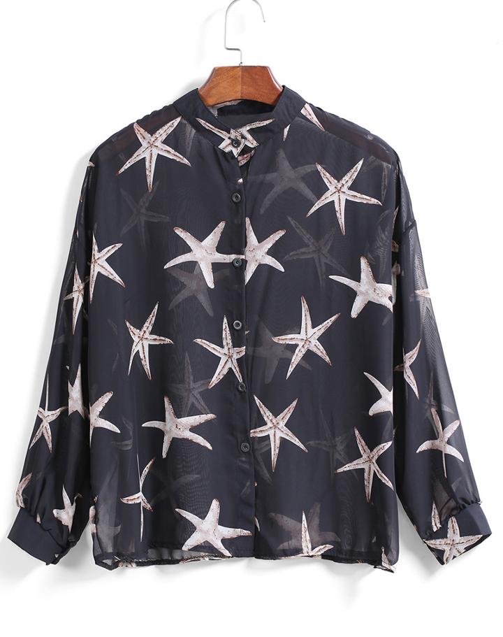 Romwe With Buttons Star Print Blouse