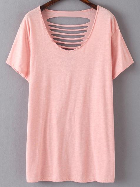 Romwe Pink Short Sleeve Ripped Hole Casual T-shirt