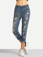 Romwe Embroidery Patch Frayed Jeans