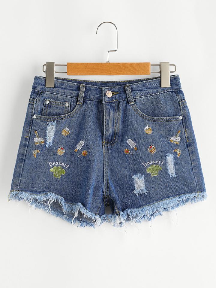 Romwe Embroidered Fray Hem Destroyed Denim Shorts