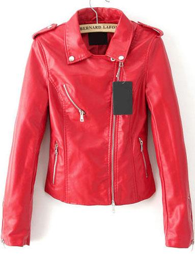 Romwe Lapel Epaulet Crop Pu Red Jacket