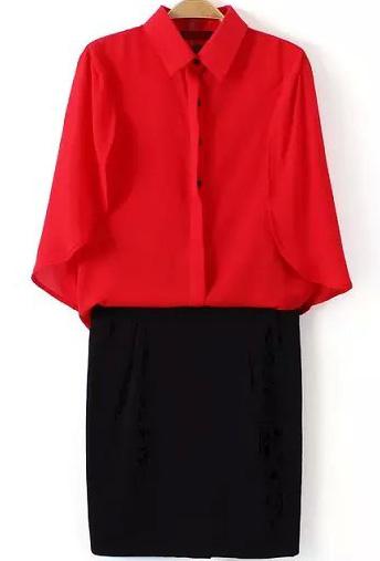 Romwe Lapel Cape Top With Zipper Split Red Skirt