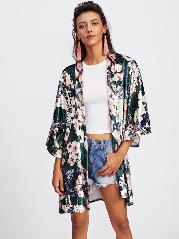 Romwe Open Front Floral Velvet Coat