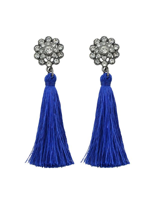 Romwe Blue Boho Earrings With Tassel And Rhinestone Drop Earrings
