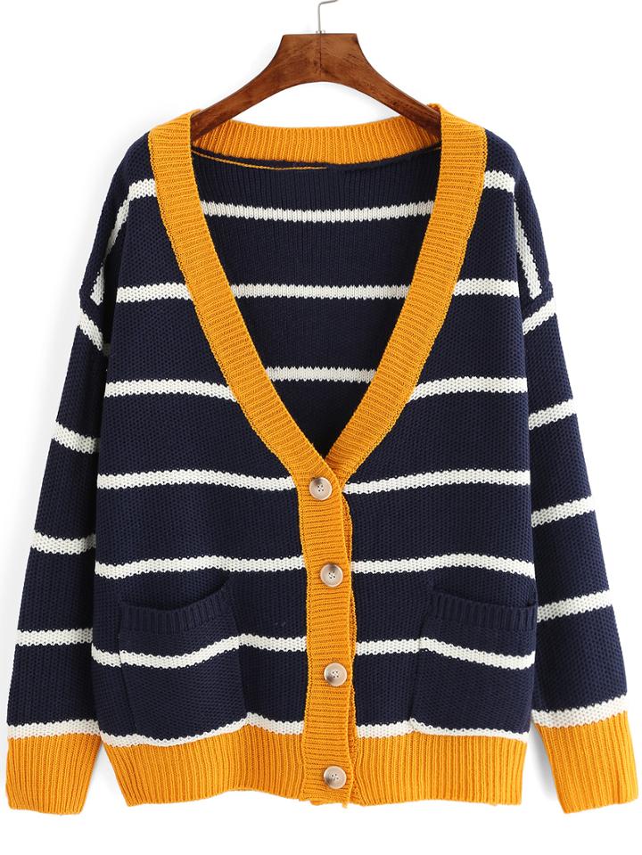 Romwe Striped Contrast Placket Pockets Cardigan