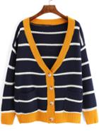 Romwe Striped Contrast Placket Pockets Cardigan