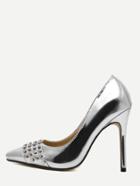 Romwe Silver Patent Leather Pointed Toe Studded Pumps