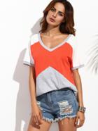 Romwe Color Block V Neck Short Sleeve T-shirt