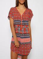 Romwe V Neck With Zipper Vintage Print High Low Dress