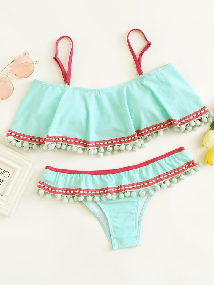 Romwe Contrast Trim Pom Pom Bikini Set