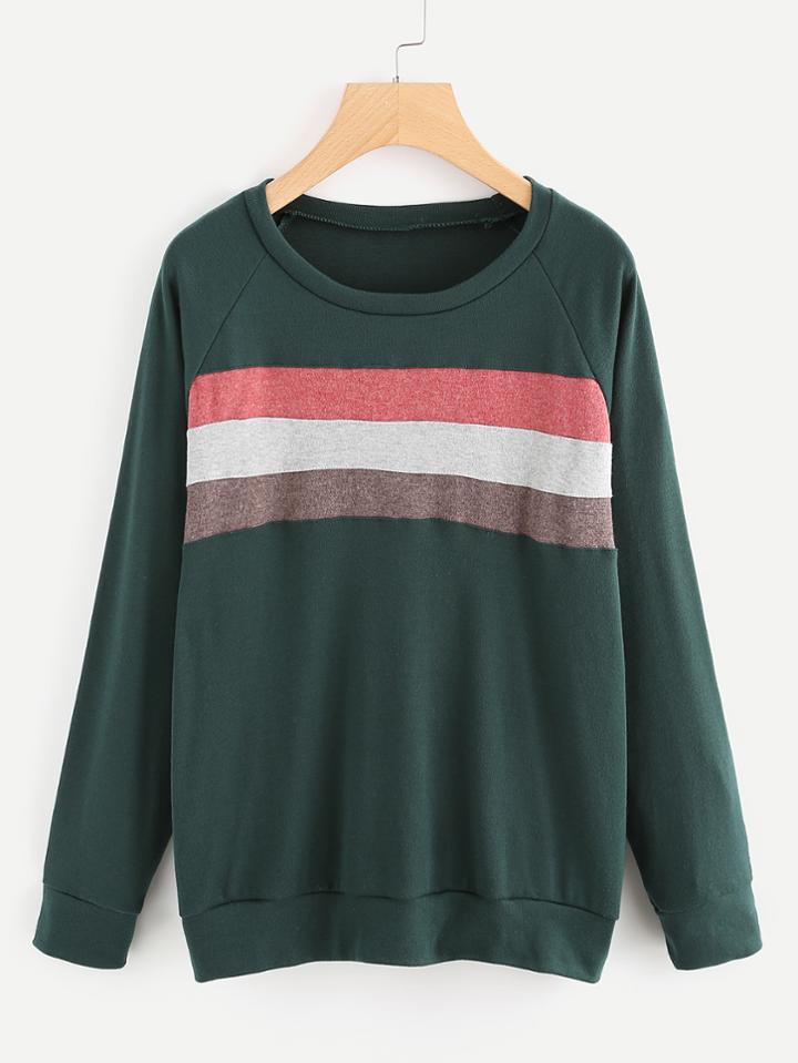 Romwe Raglan Sleeve Contrast Striped Panel Sweatshirt