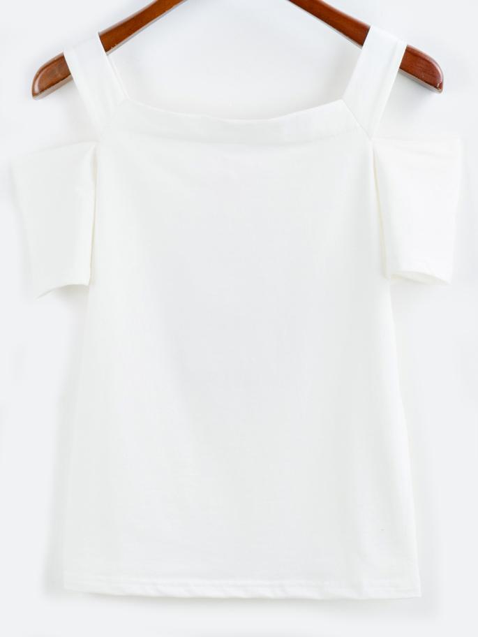 Romwe Cold Shoulder Plain T-shirt - White