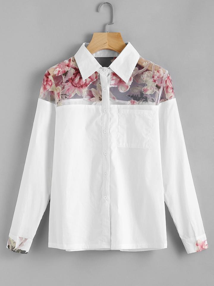 Romwe Rose Print Contrast Mesh Blouse