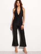 Romwe Black Plunge Halter Neck Flare Jumpsuit