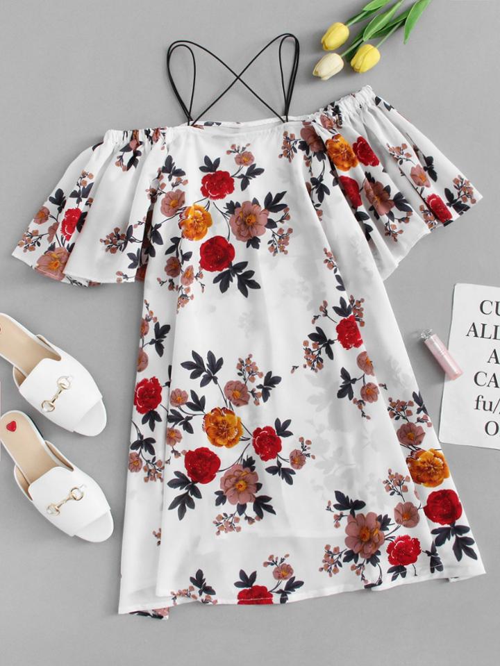 Romwe Floral Print Open Shoulder Dress
