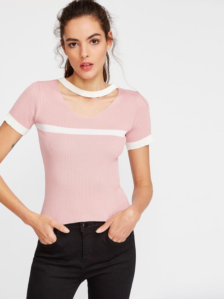 Romwe Pink Contrast Trim Choker Neck Knit T-shirt