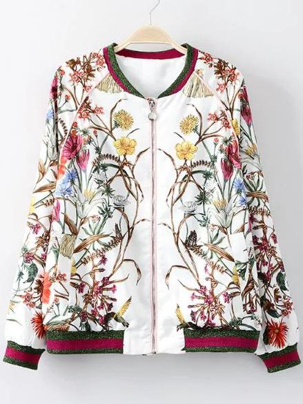 Romwe White Rib-knit Cuff Printed Zipper Jacket