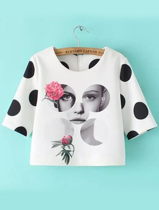 Romwe With Zipper Polka Dot Beauty Print Top