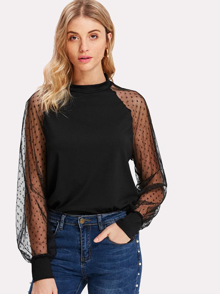 Romwe Polka Dot Mesh Bishop Sleeve Top