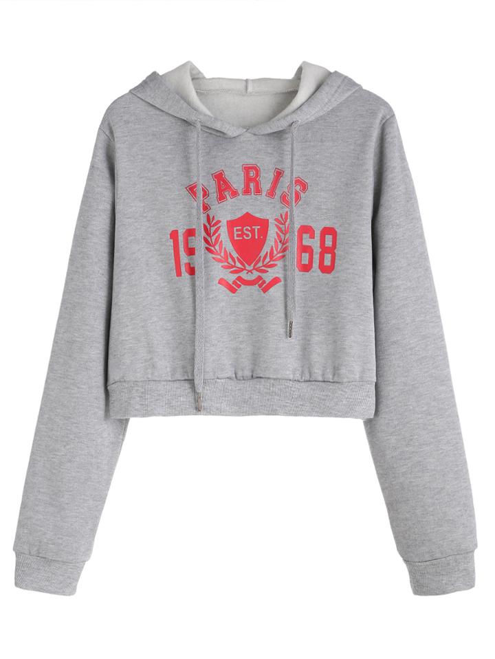 Romwe Grey Letters Print Crop Hooded Sweatshirt